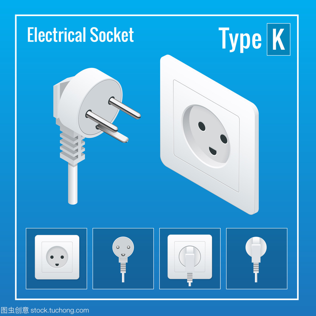 等距开关及插座设置。类型 K.Ac 电源插座现实例证。电源插座和孤立的套接字。插头插座